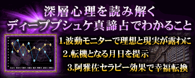 深層心理を読み解くディーププシュケ真諦占でわかること　1.波動モニターで理想と現実が露わに　2.転機となる月日を提示　3.阿雅佐セラピー効果で幸福転換