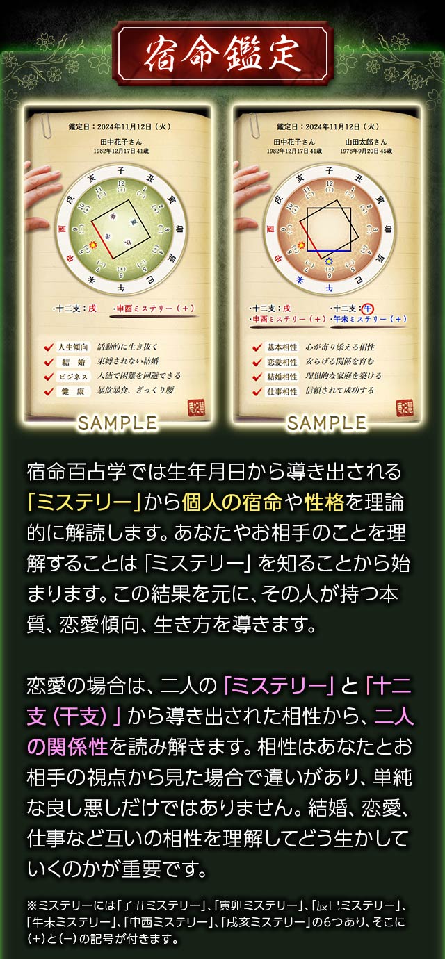 宿命鑑定 宿命百占学では生年月日から導き出される「ミステリー」から個人の宿命や性格を理論的に解読します。あなたやお相手のことを理解することは「ミステリー」を知ることから始まります。この結果を元に、その人が持つ本質、恋愛傾向、生き方を導きます。恋愛の場合は、二人の「ミステリー」と「十二支(干支)」から導き出された相性から、二人の関係性を読み解きます。相性はあなたとお相手の視点から見た場合で違いがあり、単純な良し悪しだけではありません。結婚、恋愛、仕事など互いの相性を理解してどう生かしていくのかが重要です。※ミステリーには「子丑ミステリー」、「寅卯ミステリー」、「辰巳ミステリー」、「牛未ミステリー」、「申西ミステリー」、「戌亥ミステリー」の6つあり、そこに(+)と(-)の記号が付きます。