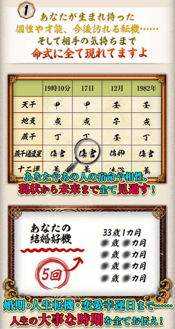 あなたが生まれ持った個性や才能、今後訪れる転機……そして相手の気持ちまで命式に全て現れていますよ　あなたやあの人の宿命や相性、現状から未来まで全て見通す！　婚期・人生転機・恋愛幸運日まで……人生の大事な時期を全てお伝え！