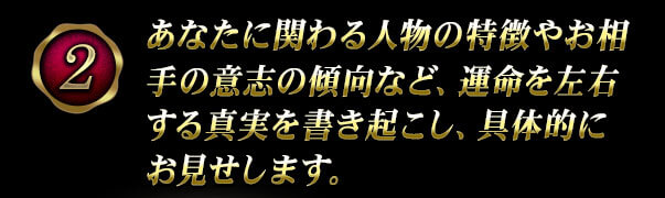 あなたに関わる人物の特徴やお相手の意志の傾向など、運命を左右する真実を書き起こし、具体的にお見せします。