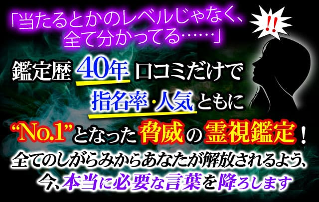 当たるとかのレベルじゃなく、全て分かってる…… 鑑定歴40年口コミだけで指名率・人気ともに“No.1”となった脅威の霊視鑑定! 全てのしがらみからあなたが解放されるよう、今、本当に必要な言葉を降ろします