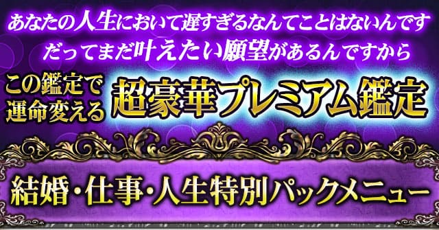 あなたの人生において遅すぎるなんてことはないんです　だってまだ叶えたい願望があるんですから　この鑑定で運命変える　超豪華プレミアム鑑定　結婚・仕事・人生特別パックメニュー