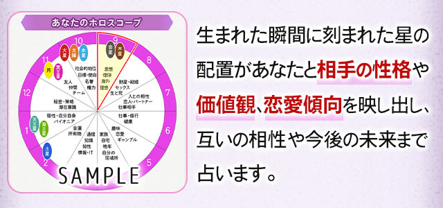 生まれた瞬間に刻まれた星の配置があなたと相手の性格や価値観、恋愛傾向を映し出し、互いの相性や今後の未来まで占います。