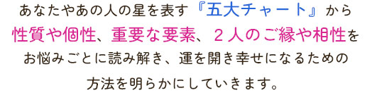 あなたやあの人の星を表す『五大チャート』から性質や個性、重要な要素、２人のご縁や相性をお悩みごとに読み解き、運を開き幸せになるための方法を明らかにしていきます。