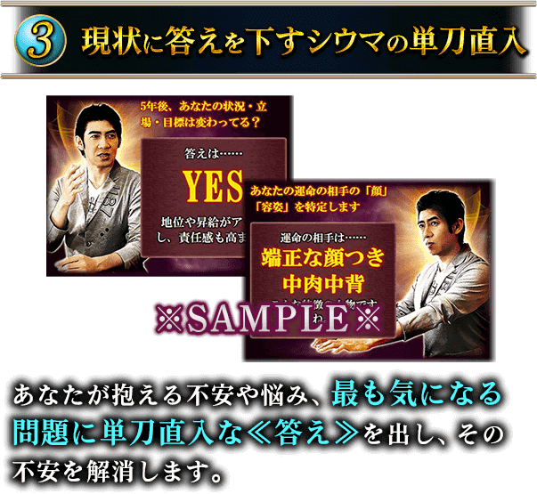 3　現状に答えを下すシウマの単刀直入　あなたが抱える不安や悩み、最も気になる問題に単刀直入な≪答え≫を出し、その不安を解消します。