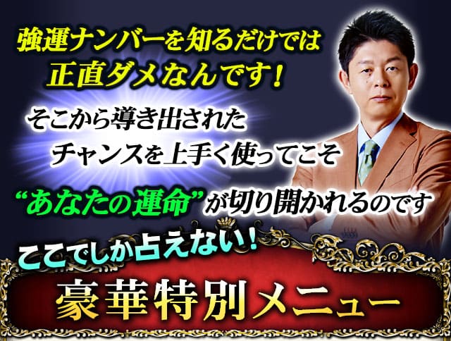 強運ナンバーを知るだけでは正直ダメなんです！そこから導き出されたチャンスを上手く使ってこそ“あなたの運命”が切り開かれるのです　ここでしか占えない！豪華特別メニュー