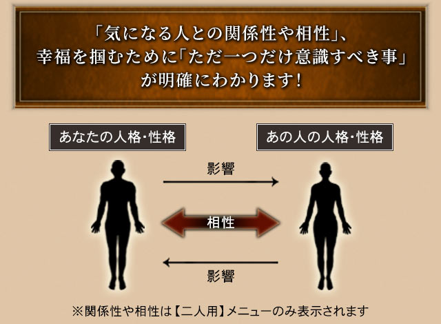 「気になる人との関係性や相性」、幸福を掴むために「ただ一つだけ意識すべき事」が明確にわかります! ※関係性や相性は【二人用】メニューのみ表示されます