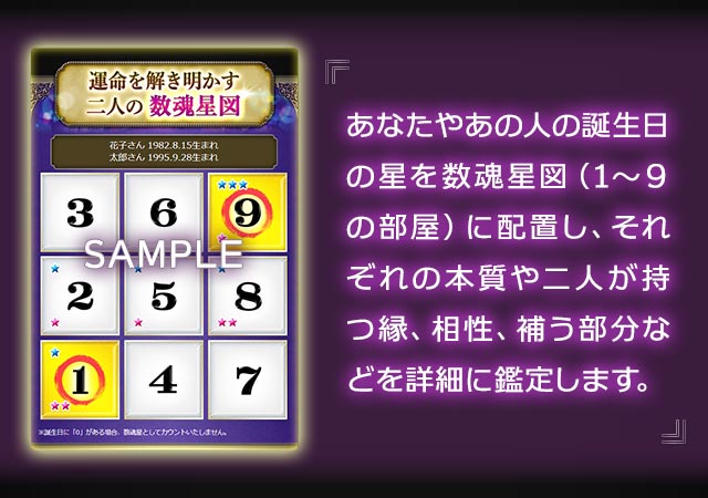 あなたやあの人の誕生日の星を数魂星図（1～９の部屋）に配置し、それぞれの本質や二人が持つ縁、相性、補う部分などを詳細に鑑定します。