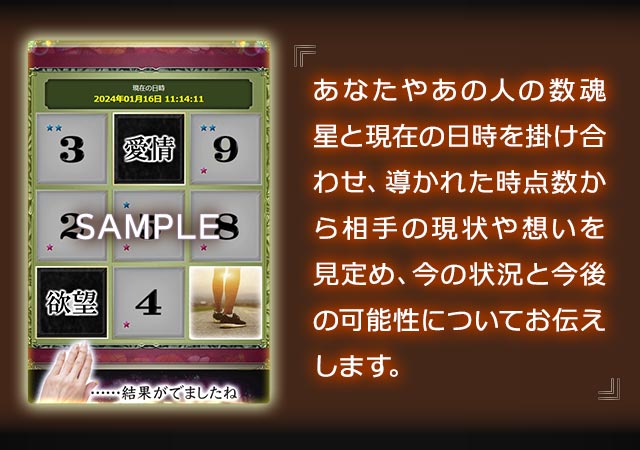 あなたやあの人の数魂星と現在の日時を掛け合わせ、導かれた時点数から相手の現状や想いを見定め、今の状況と今後の可能性についてお伝えします。