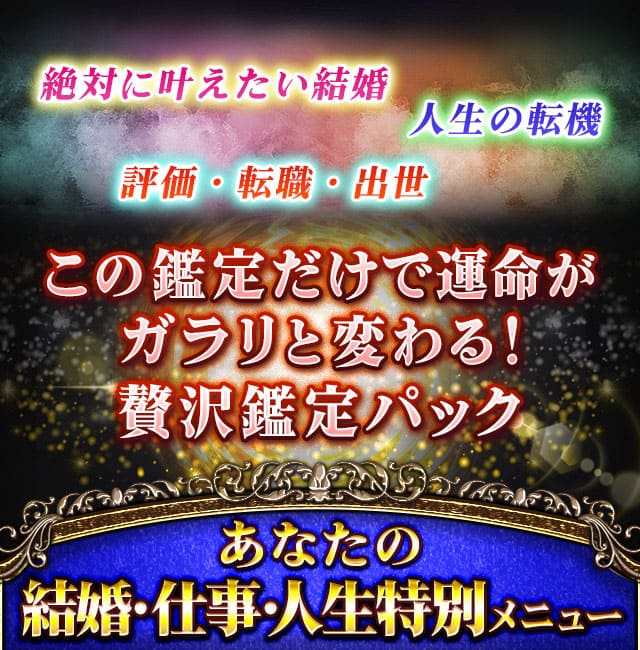 絶対に叶えたい結婚　人生の転機　評価・転職・出世　この鑑定だけで運命がガラリと変わる！　贅沢鑑定パック　あなたの結婚・仕事・人生特別メニュー